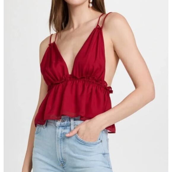 CAMI NYC Marlene Camisole Top XL Cherry Red Ruffled Silk-Chiffon Crossover NWOT - Picture 1 of 9